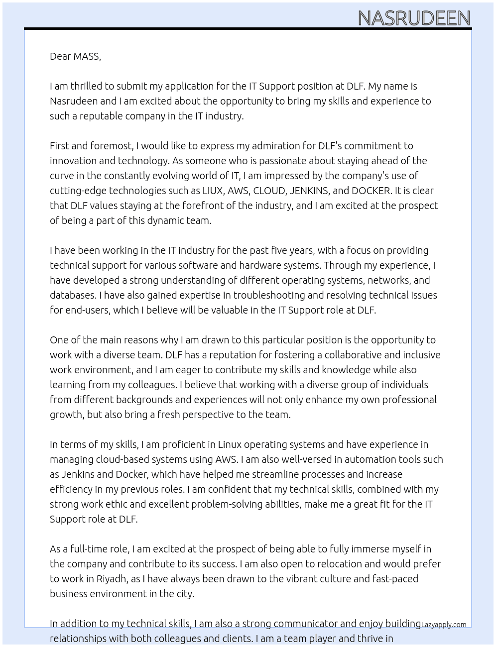IT SUPPORT  At DLF Cover Letter