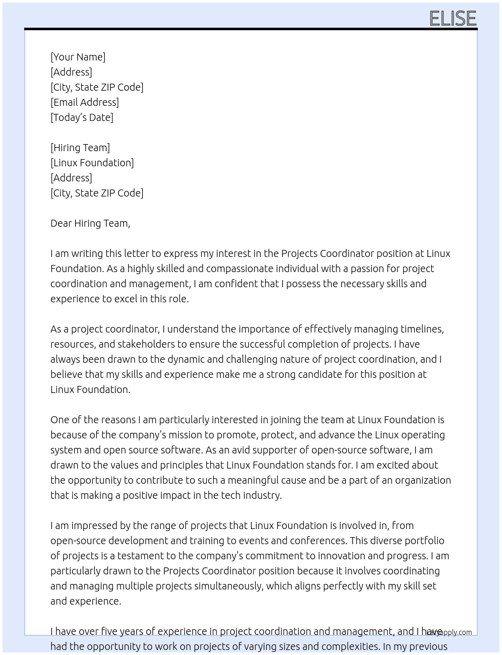 Projects Coordinator At Linux Foundation Cover Letter