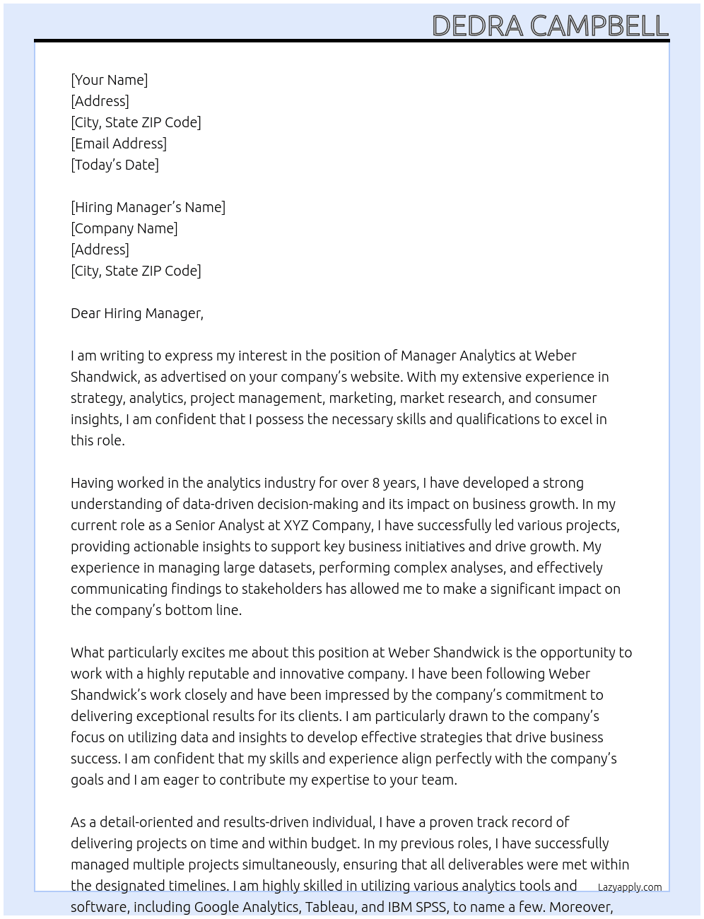 Manager Analytics At Weber Shandwick Cover Letter