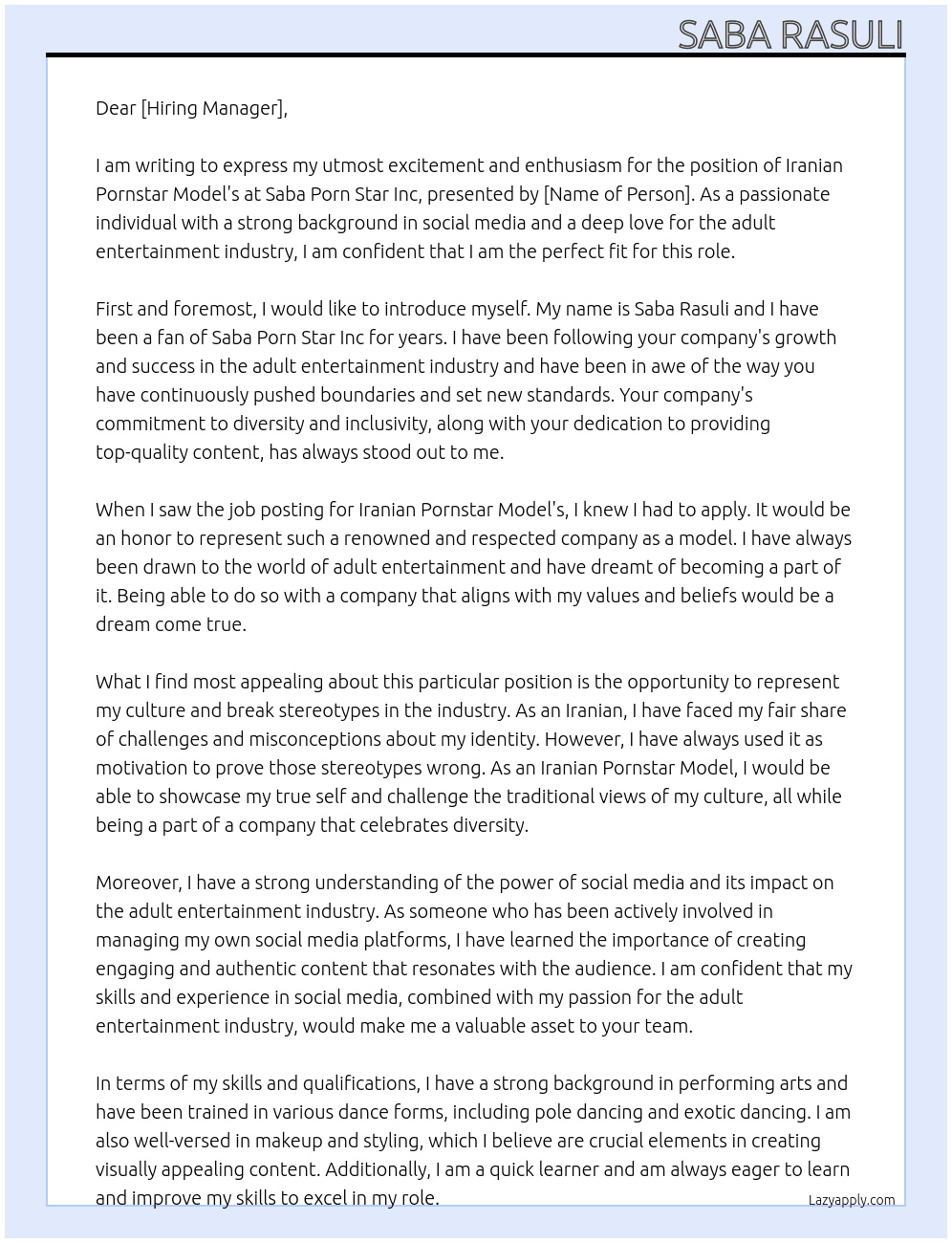 Iranian Pornstar Model's At Saba Porn Star Inc Cover Letter