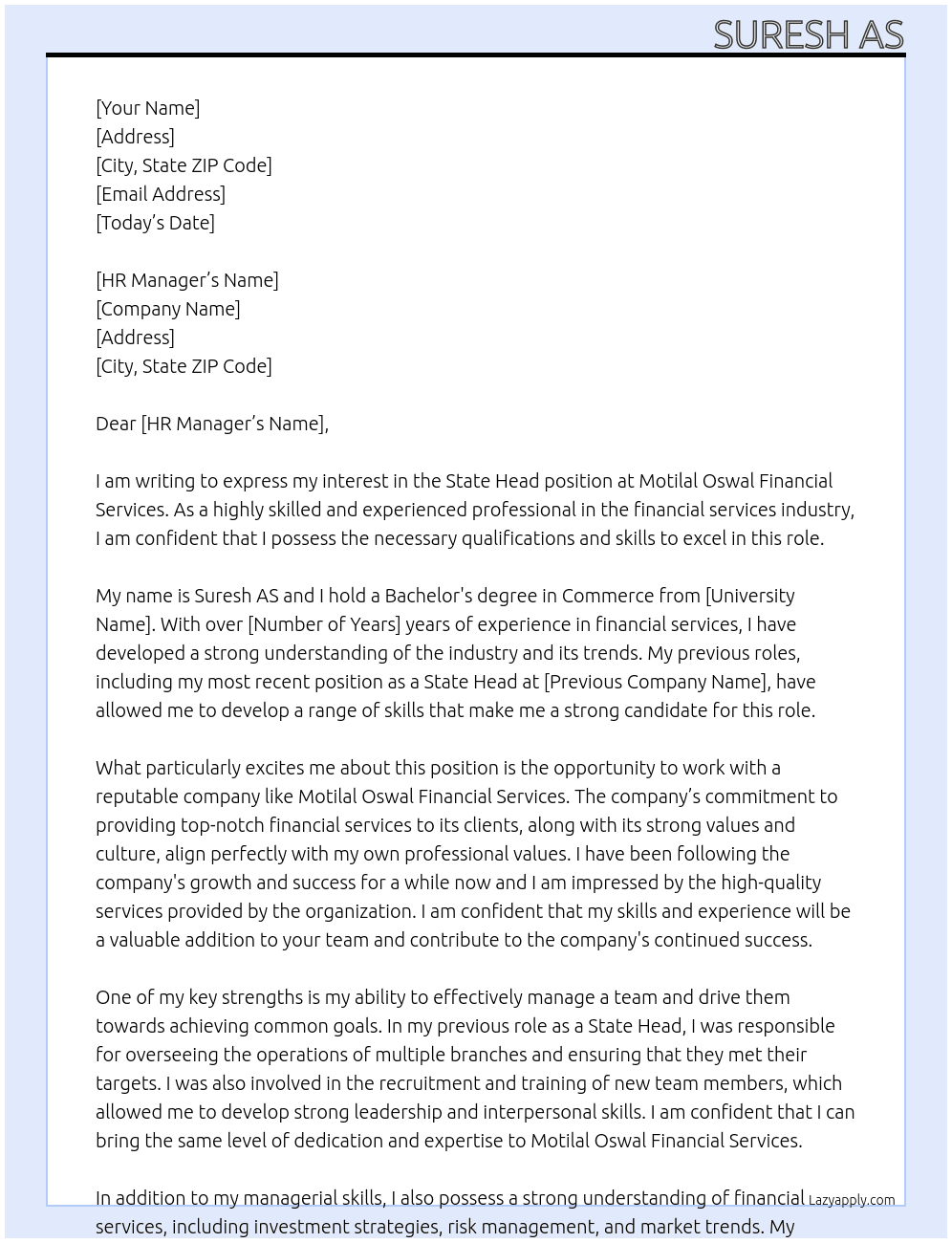 State Head At Motilal Oswal Financial Services Cover Letter