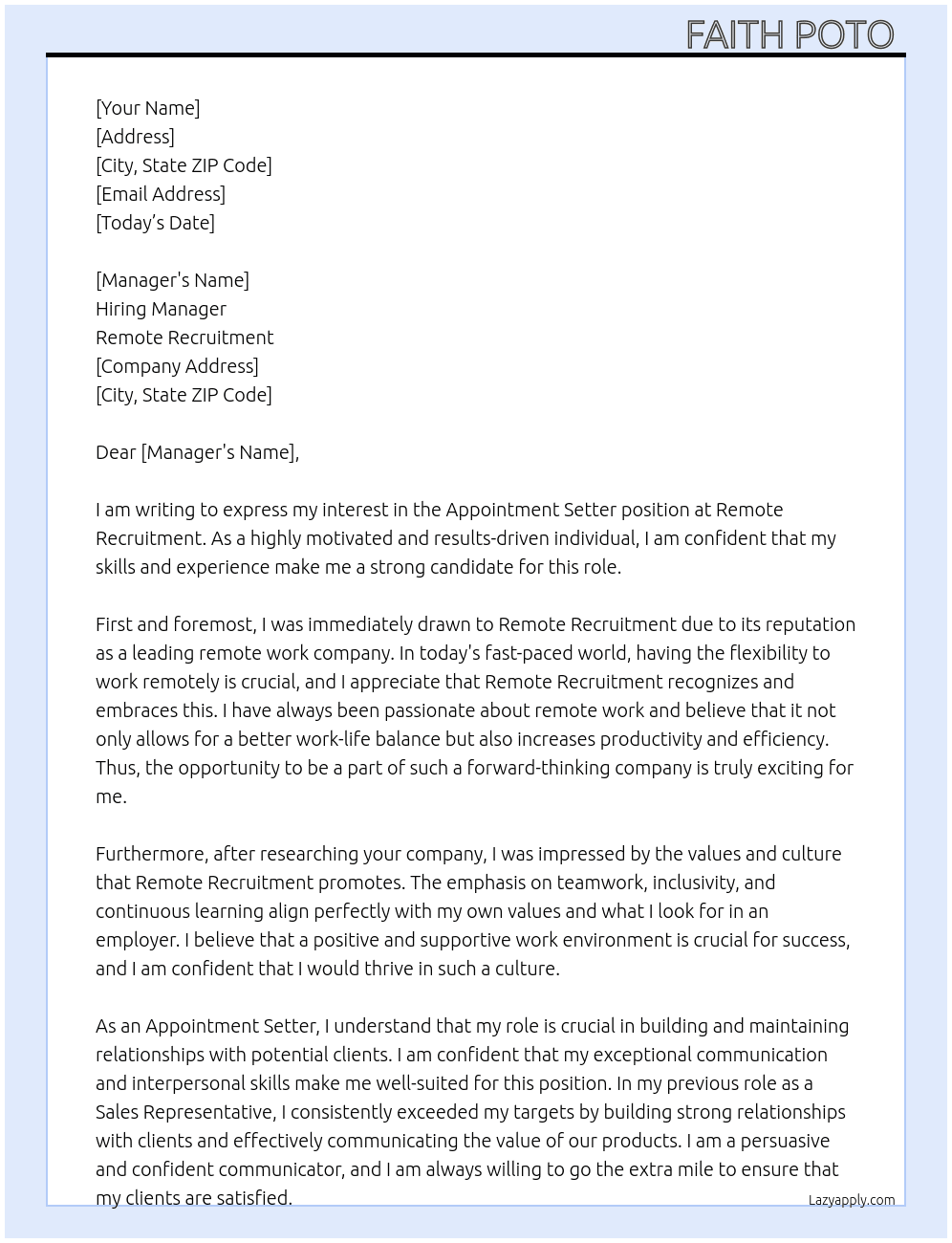 Appointment setter At Remote recruitment  Cover Letter