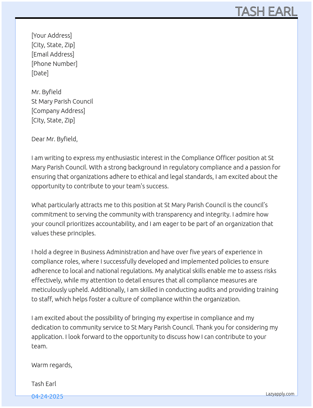 Compliance Officer At St Mary Parish Council Cover Letter