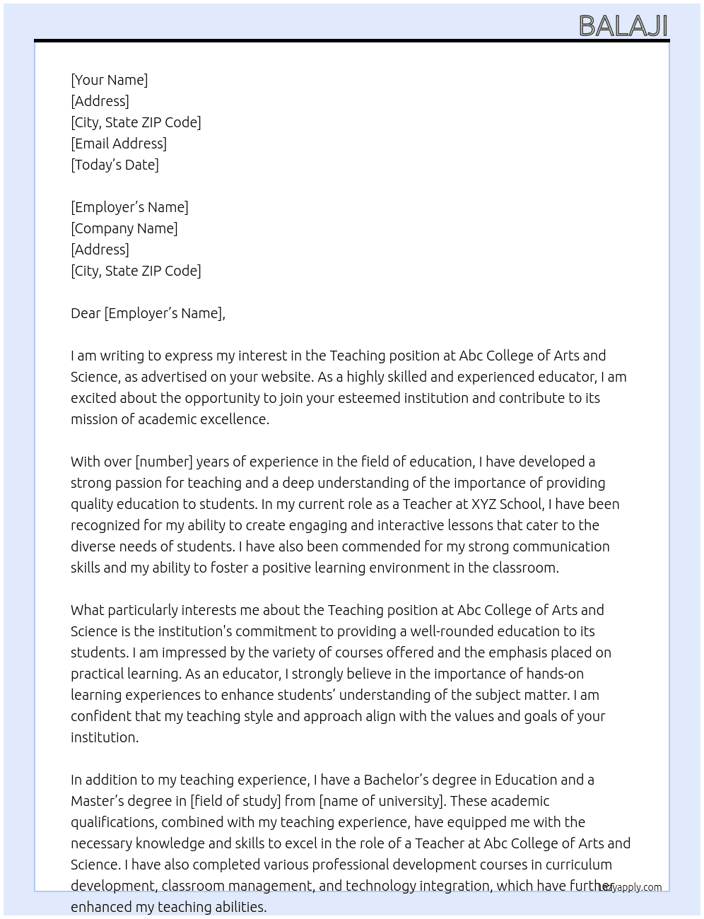 Teaching At Abc college of arts and science  Cover Letter