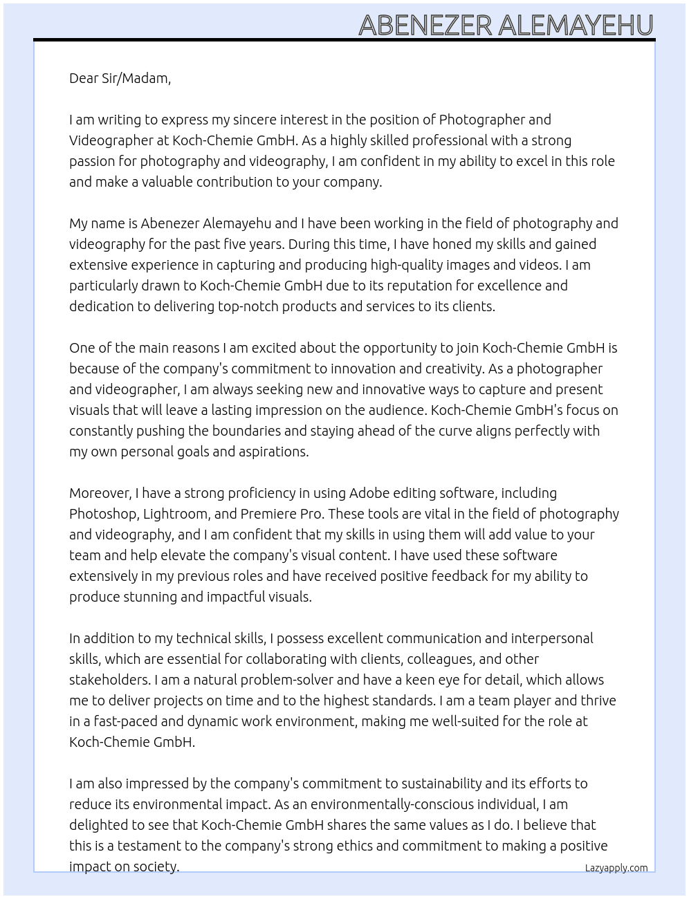 Photographer and videographer  At Koch-Chemie GmbH Cover Letter