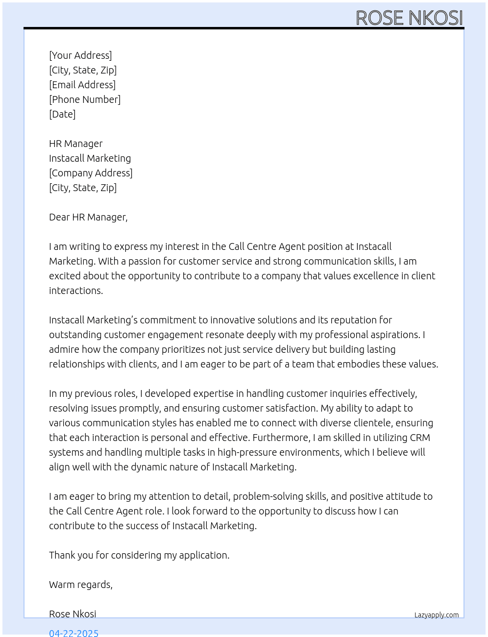 Call Centre Agent  At Instacall marketing Cover Letter