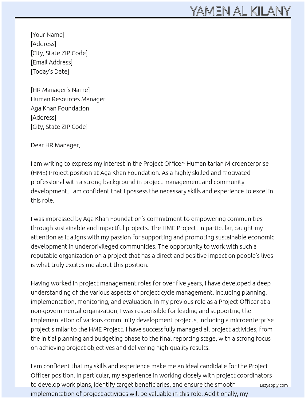 Project Officer- Humanitarian Microenterprise (HME) Project At Aga Khan Foundation Cover Letter