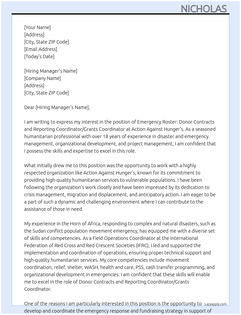 EMERGENCY ROSTER: DONOR CONTRACTS AND REPORTING COORDINATOR / GRANTS COORDINATOR At Action Against Hunger's Cover Letter