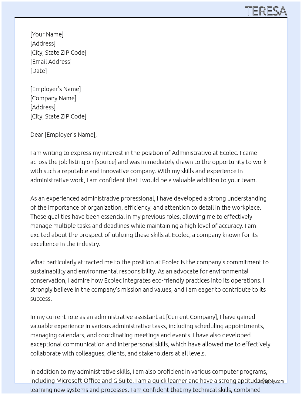 Administrativo At Ecolec Cover Letter
