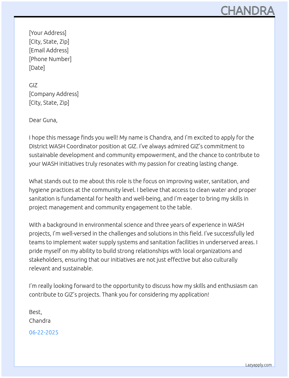 District WASH Coordinator At GIZ Cover Letter