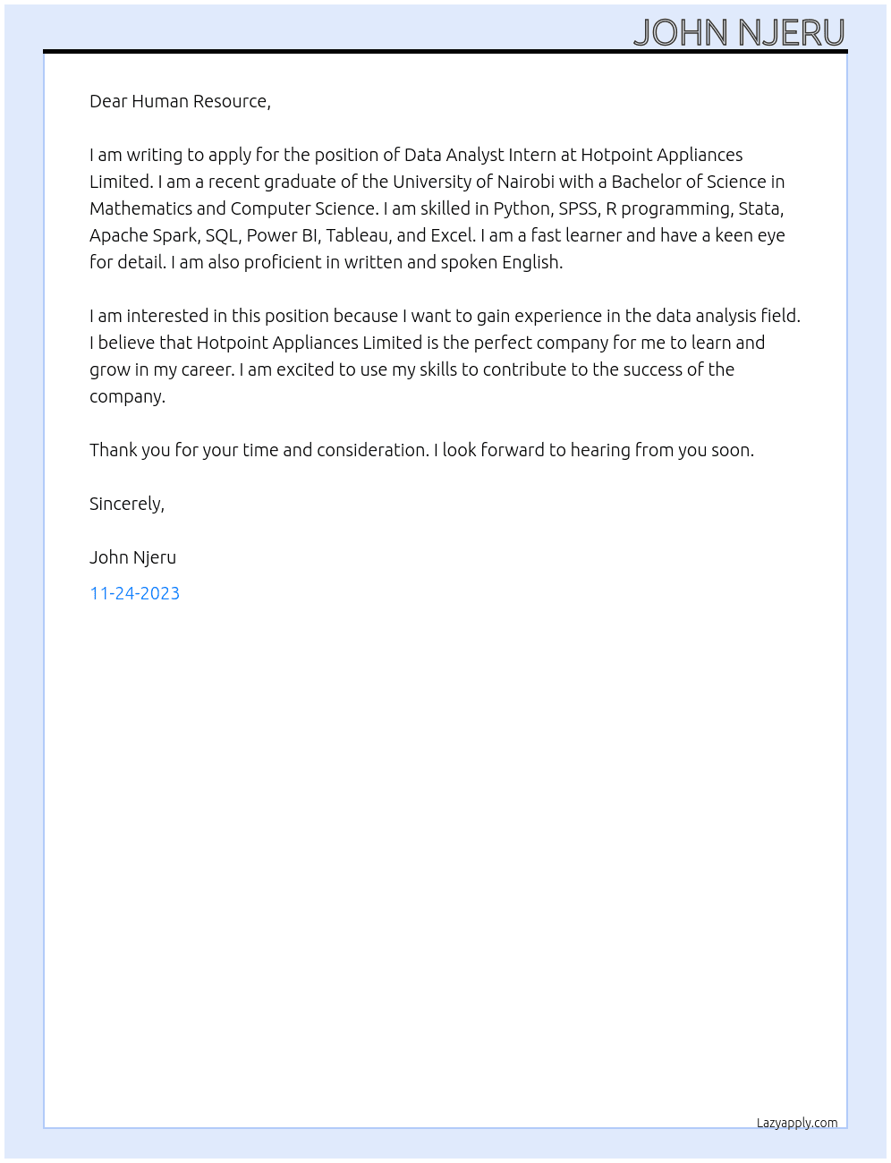 Data Analyst Intern  At Hotpoint Appliances Limited Cover Letter