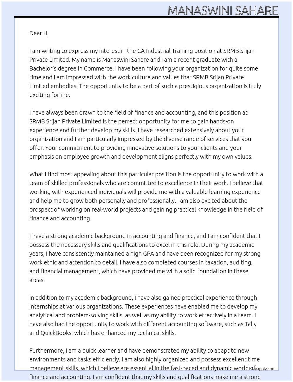 CA Industrial Training At SRMB Srijan Private Limited Cover Letter