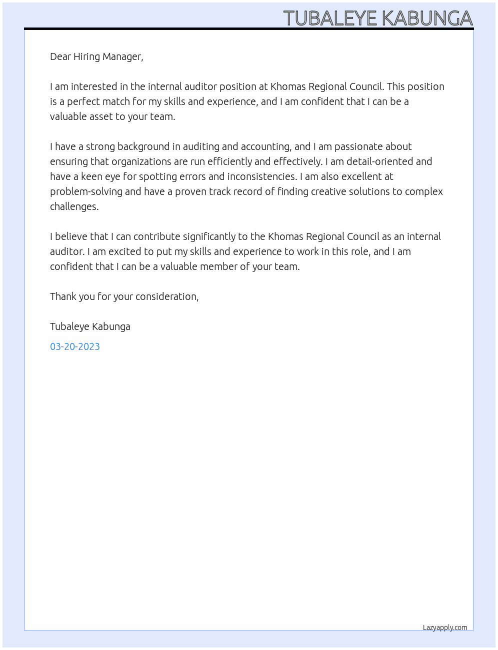 internal auditor At Khomas Regional Council Cover Letter