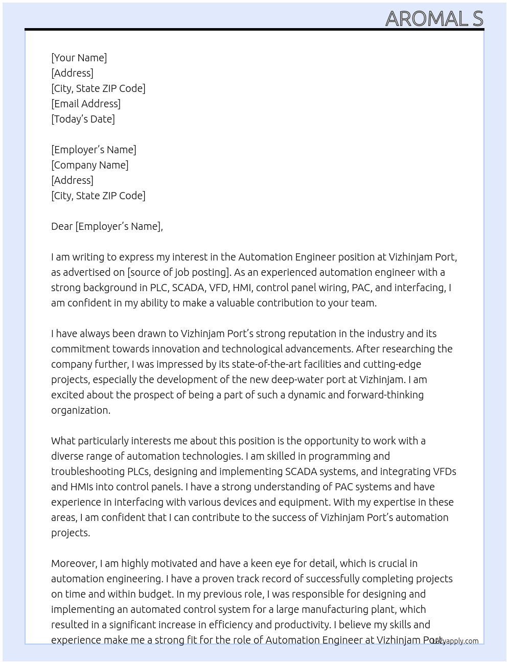 Automation Engineer At Vizhinjam Port Cover Letter