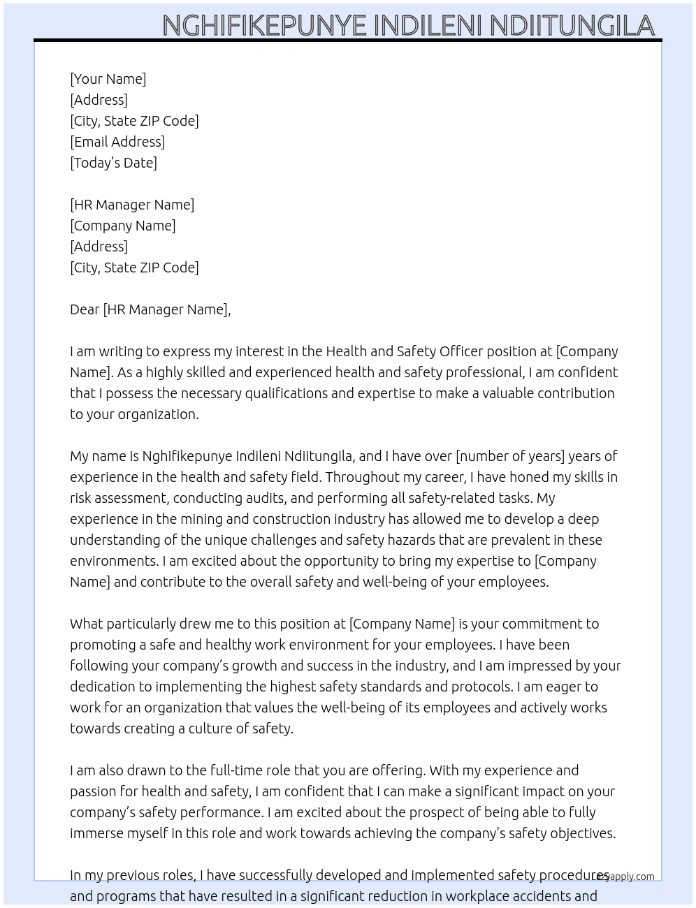 Health and safety officer  At Mining and construction company  Cover Letter