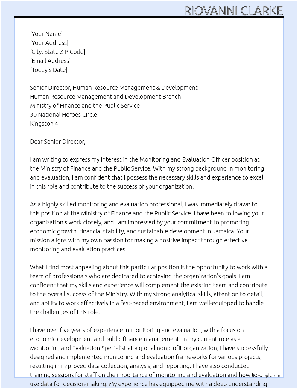 Monitoring and Evaluation Officer At Ministry Of Finance & The Public Service Cover Letter