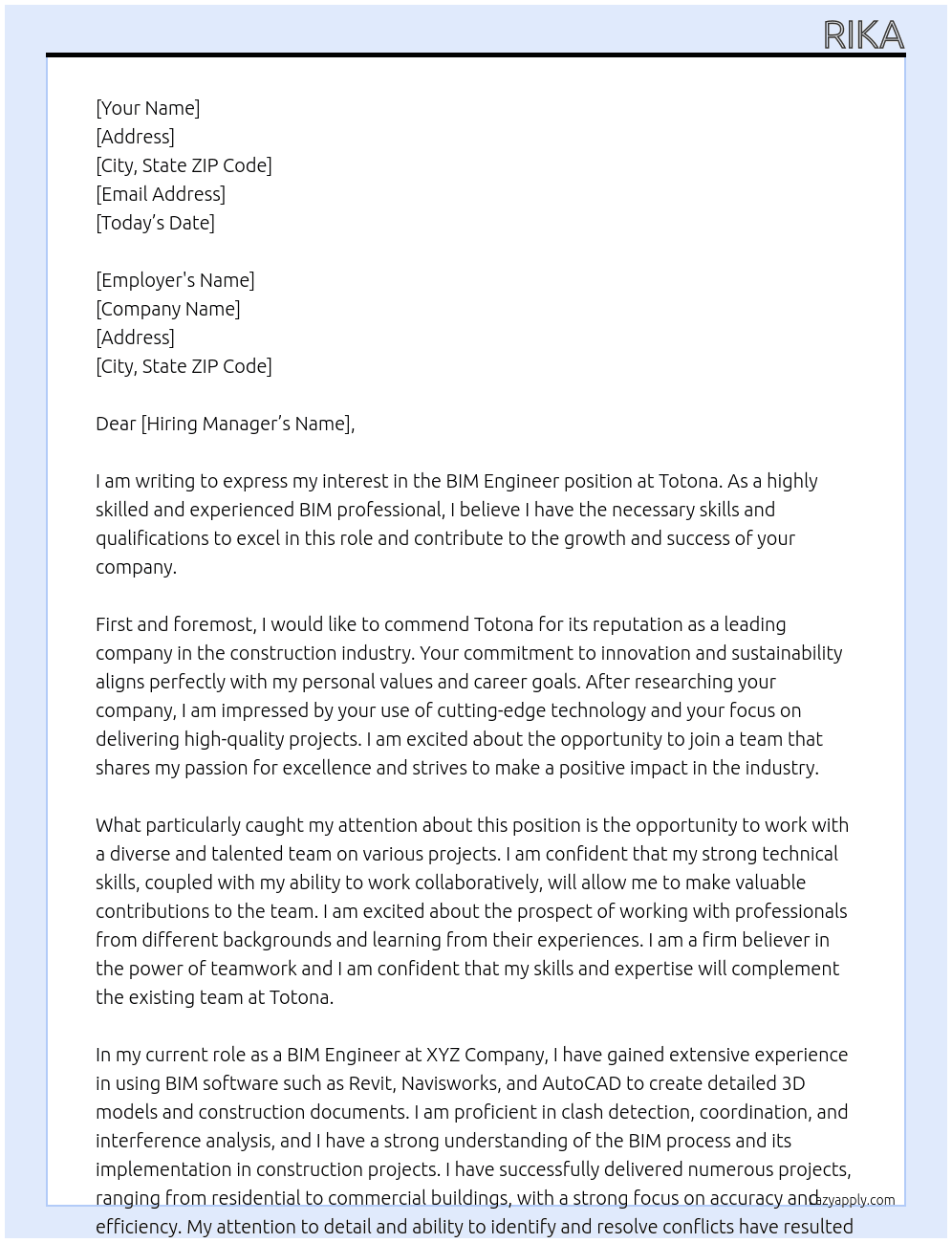 BIM engineer At Totona  Cover Letter