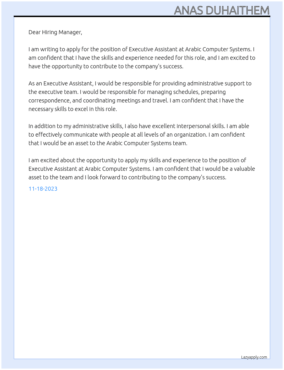 Executive Assistant At Arabic Computer Systems Cover Letter