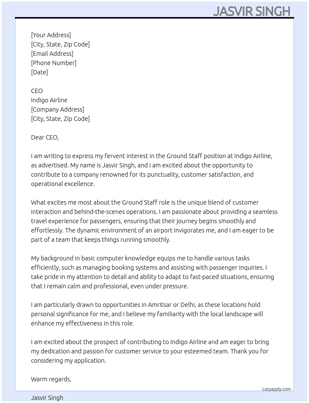 Ground Staff  At Indigo Airline  Cover Letter