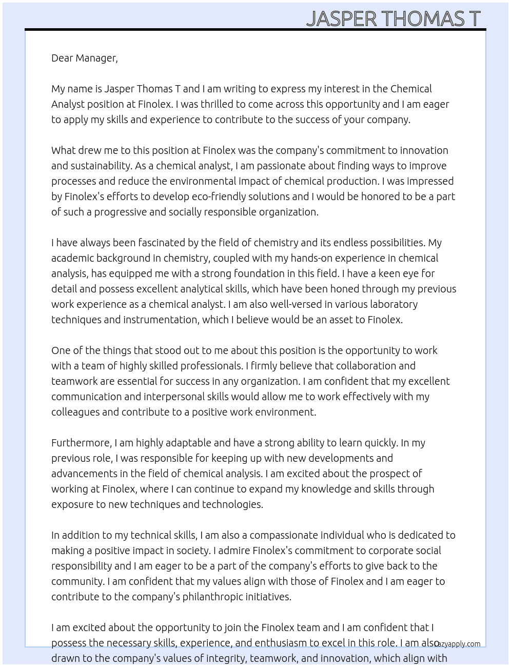 Chemical analysts  At Finolex  Cover Letter