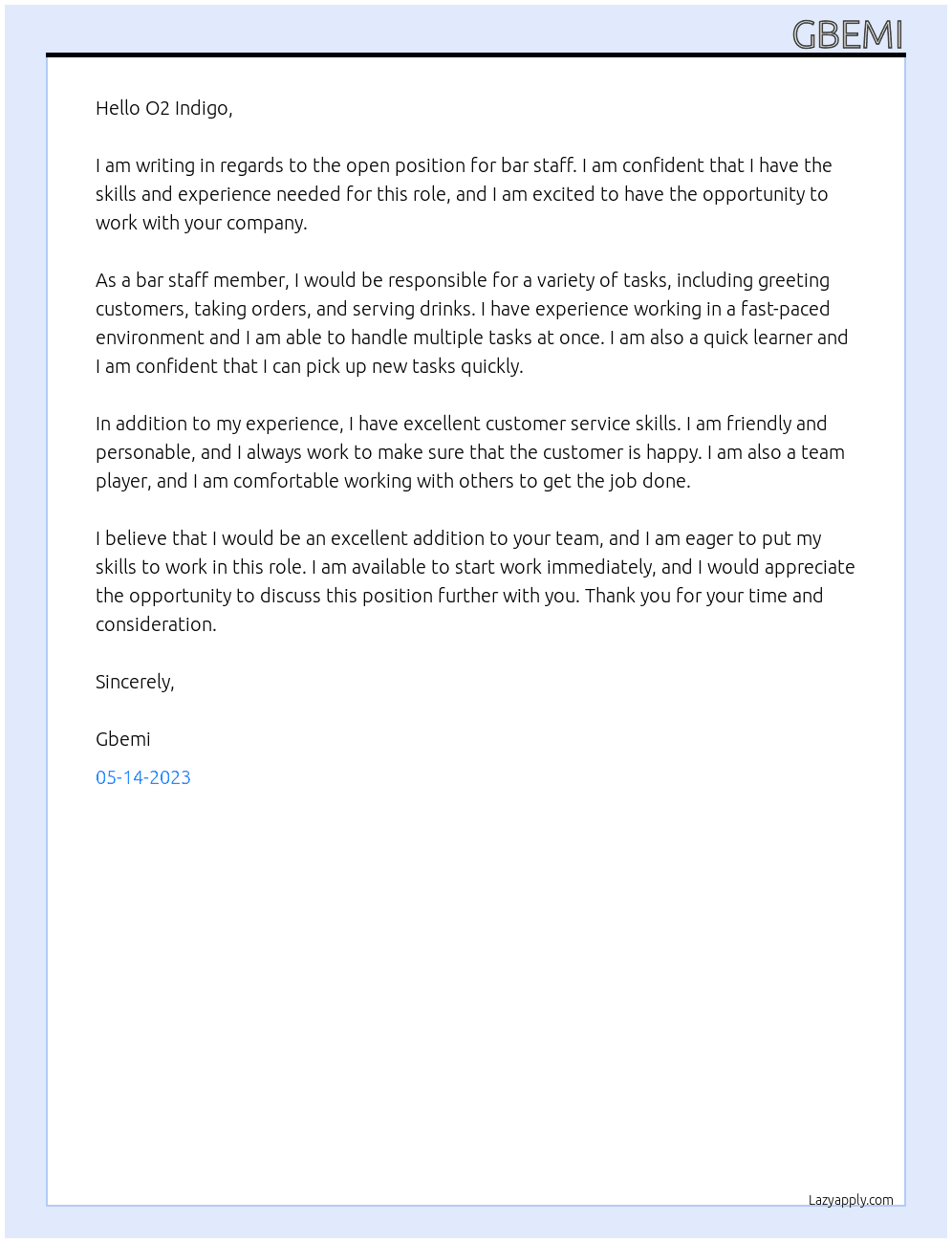 bar staff At O2 indigo Cover Letter