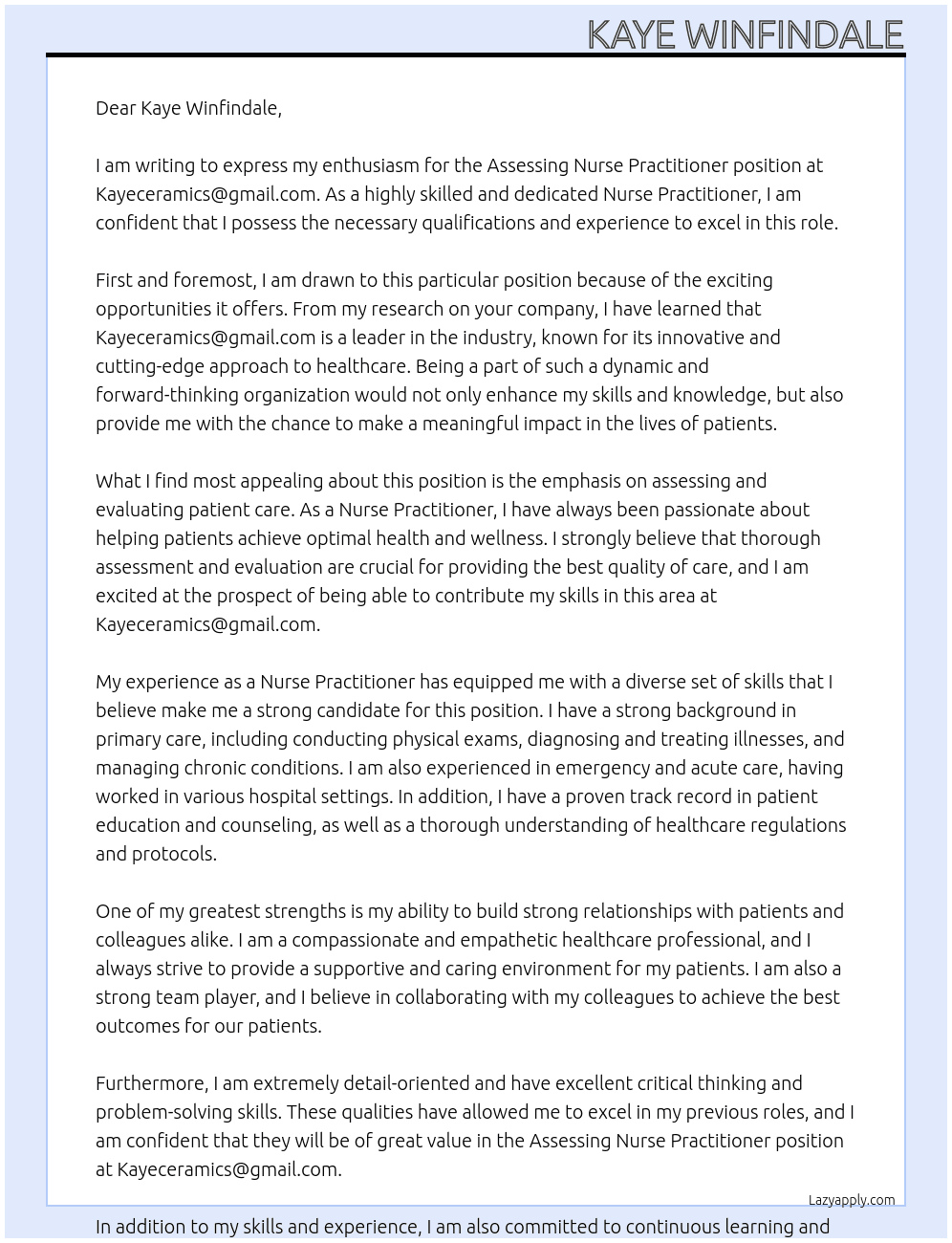 Assessing Nurse Practitioner At kayeceramics@gmail.com Cover Letter