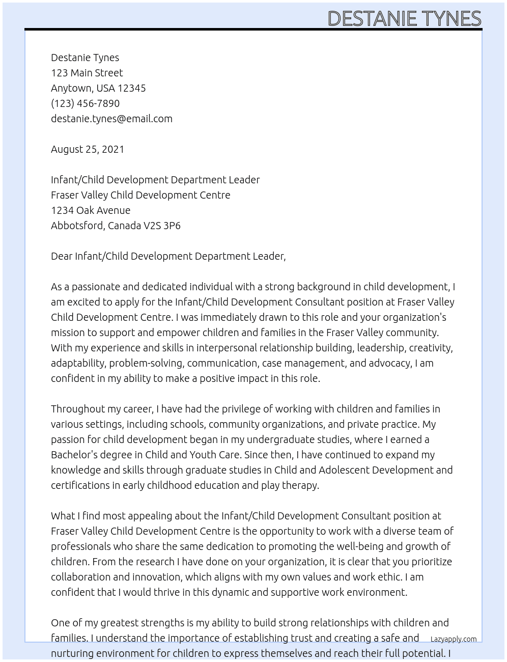 Infant/Child Development Consultant At Fraser Valley Child Development Centre Cover Letter