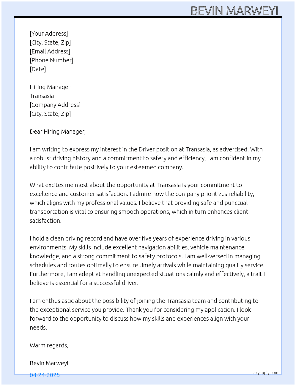 Driver At Transasia  Cover Letter