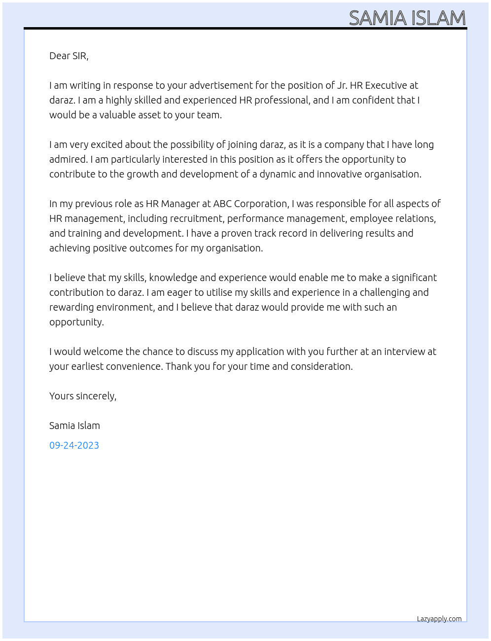 Jr. HR Executive At daraz Cover Letter