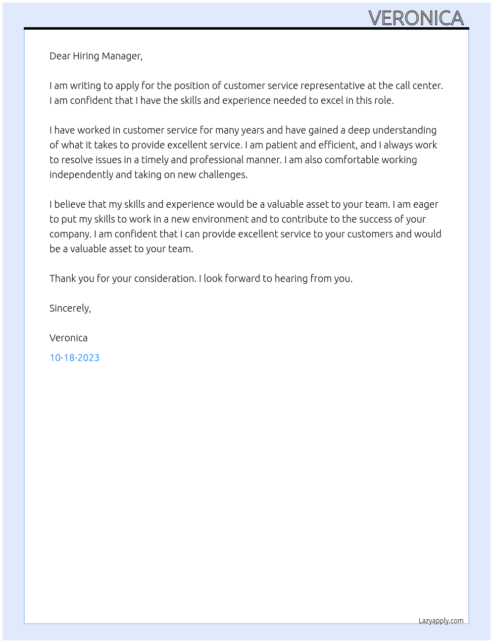 Customer service representative  At Call center representative  Cover Letter