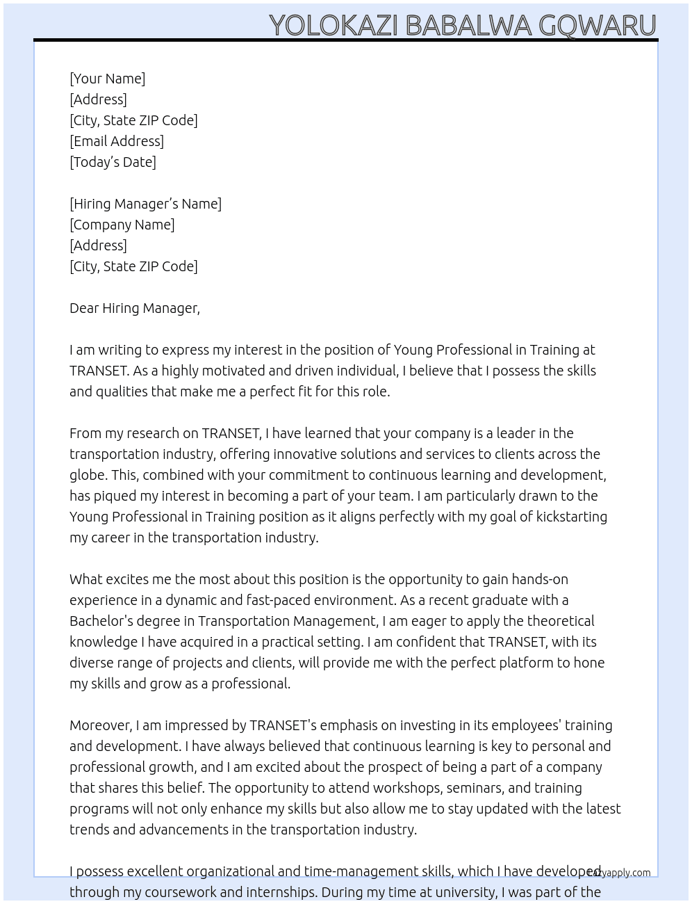 young professional in training  At TRANSET  Cover Letter