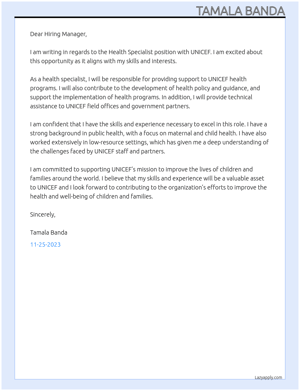 health specialist At unicef Cover Letter