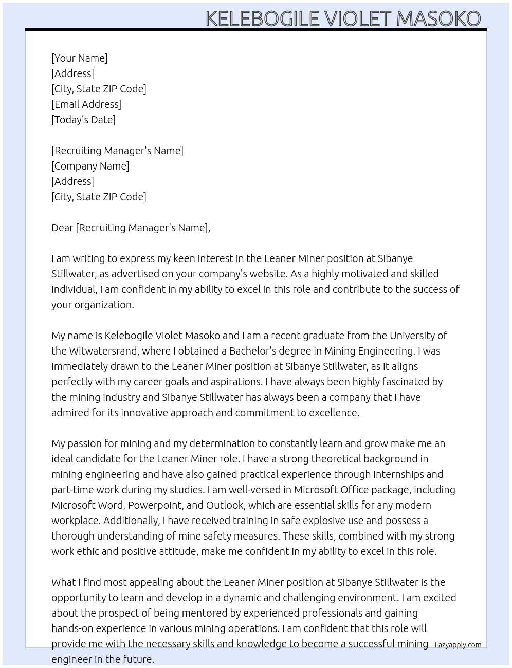 Leaner miner At Sibanye stillwater  Cover Letter