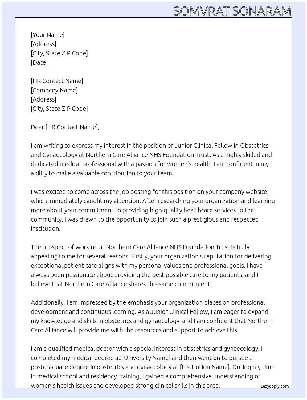 Junior Clinical Fellow Obstetrics and Gynaecology At Northern Care Alliance NHS Foundation Trust Cover Letter