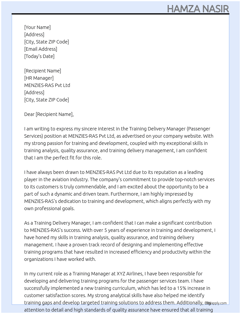 Training Delivery Manager (Passenger Services) At MENZIES-RAS Pvt Ltd Cover Letter