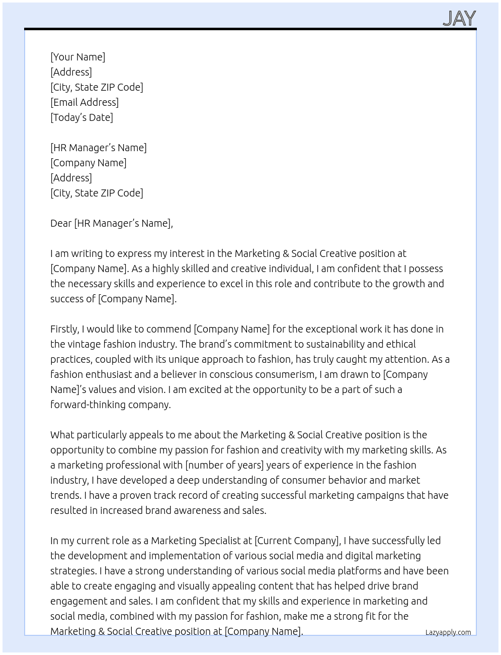 Marketing & Social Creative At a vintage fit Cover Letter