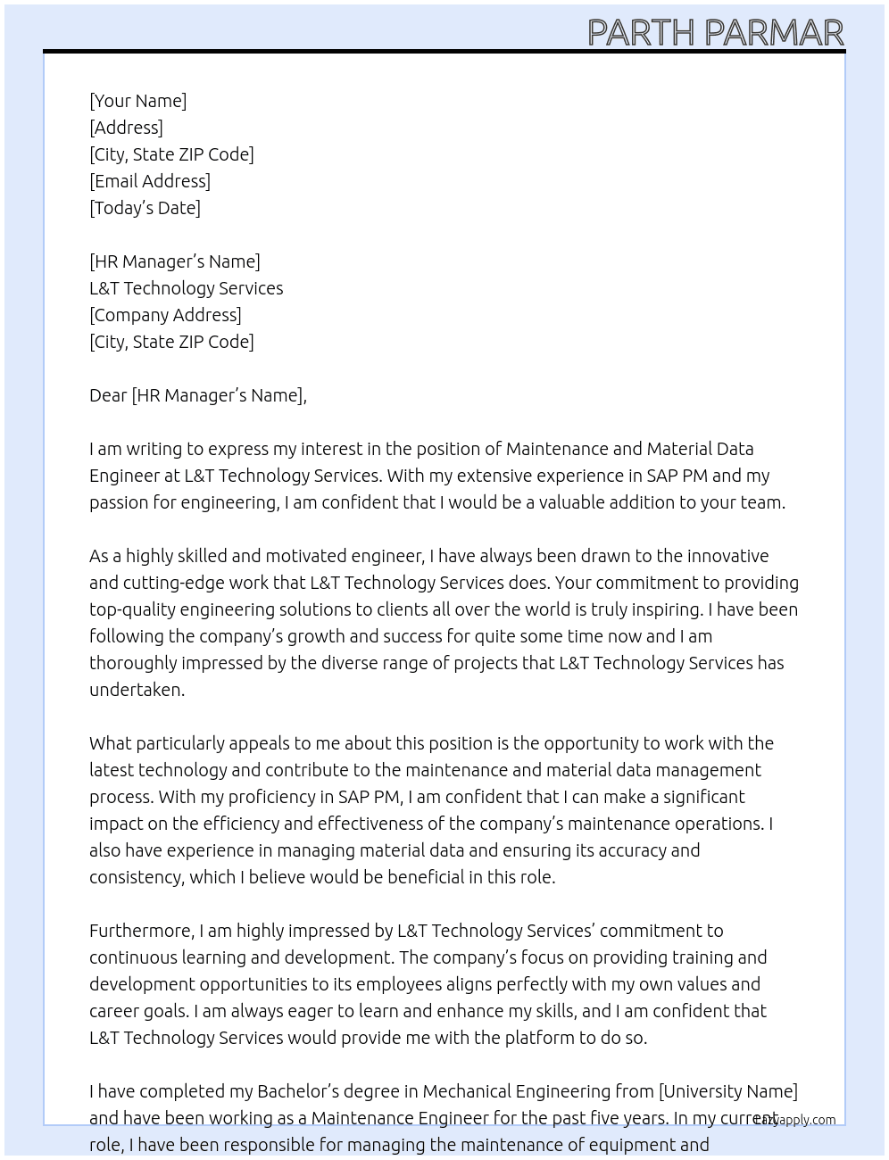 Maintenance and material data engineer  At L&T technology services  Cover Letter