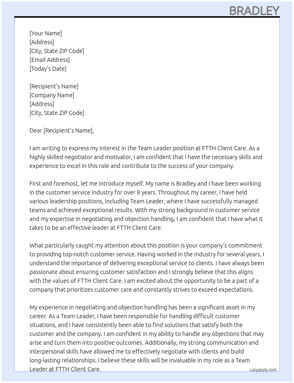 Team Leade At FTTH Client Care Cover Letter