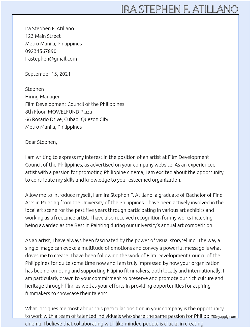 artist At Film Development Council of the Philippines Cover Letter