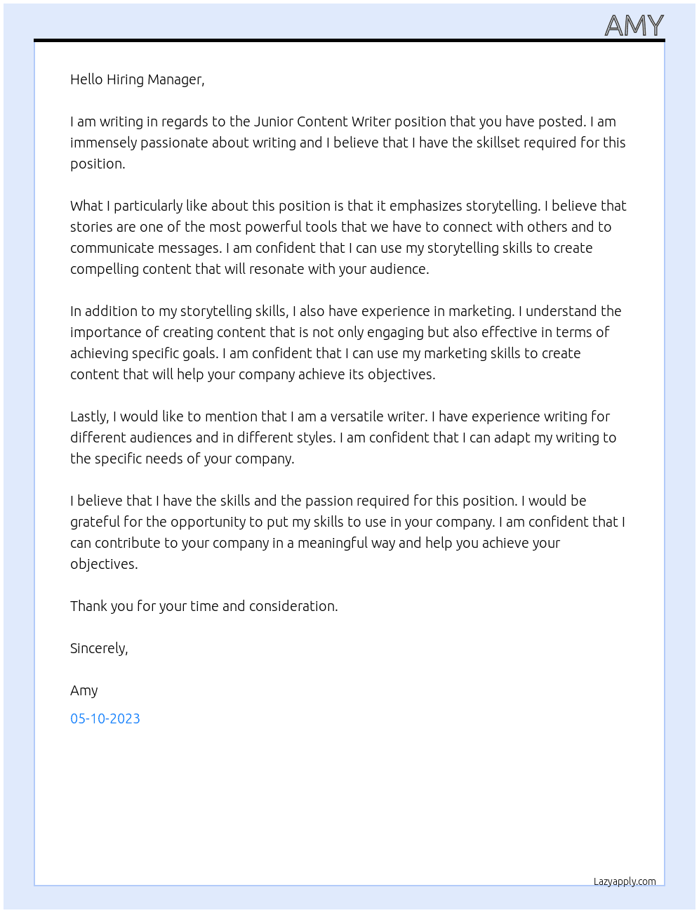 Junior Content Writer At XXX Cover Letter