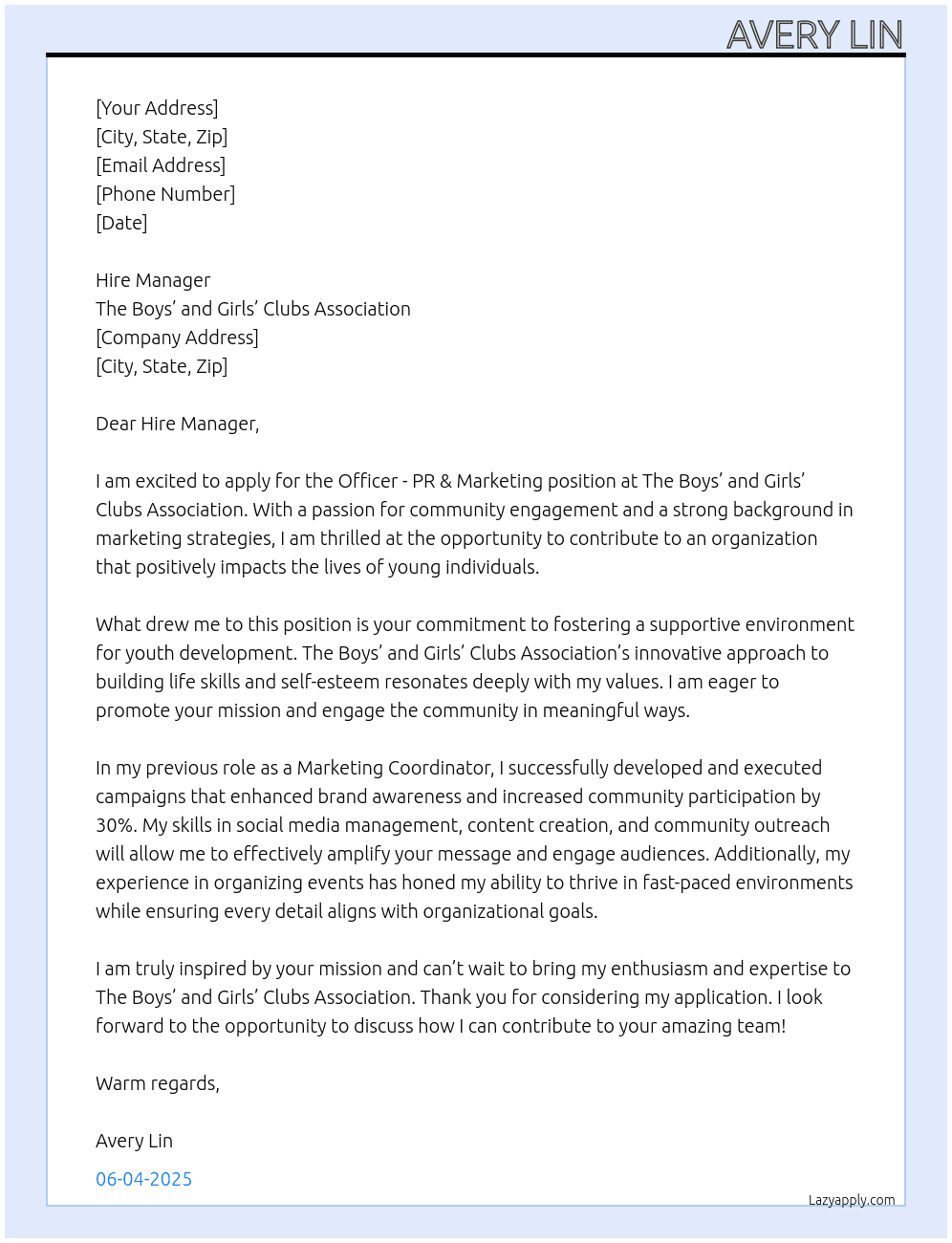 Cover letter for officer - pr & marketing - LazyApply