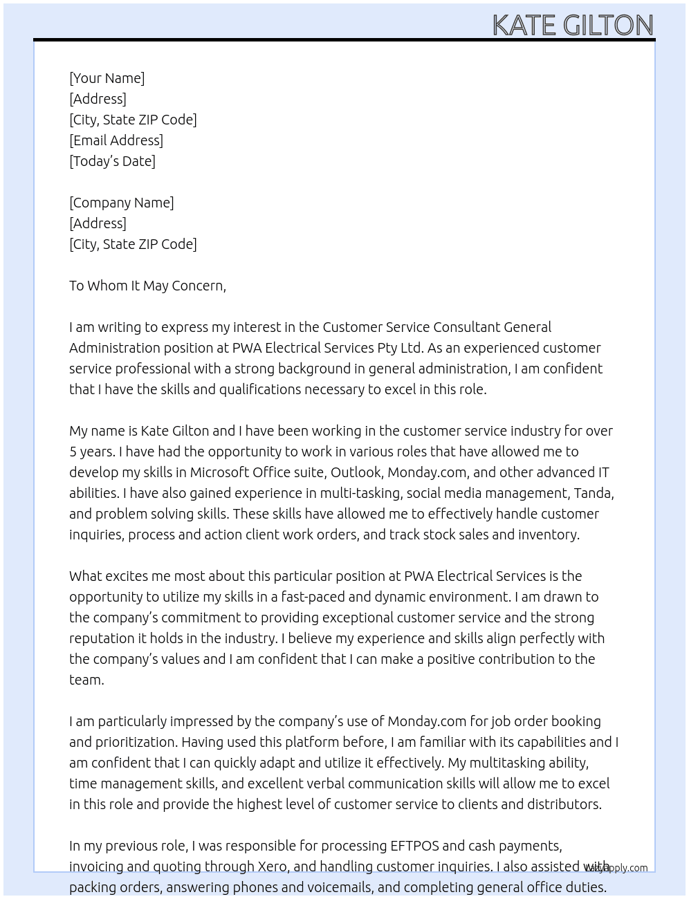 Customer Service Consultant General Administration At PWA Electrical Services Pty Ltd Cover Letter