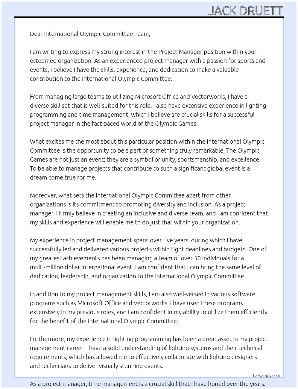 Project Manager  At International Olympic Committee  Cover Letter