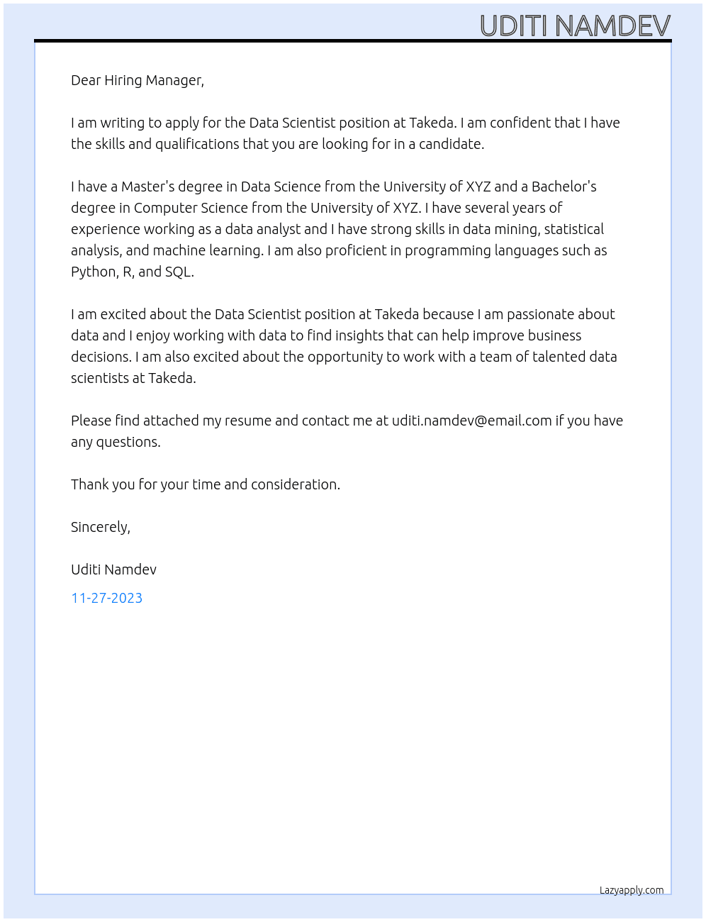 Data Scientist At Takeda Cover Letter