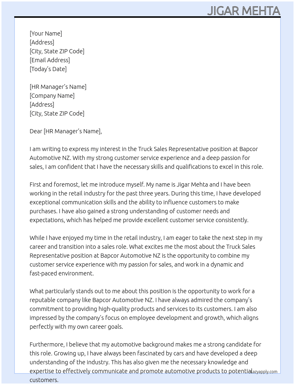 Truck Sales Representative At Bapcor Automotive NZ Cover Letter