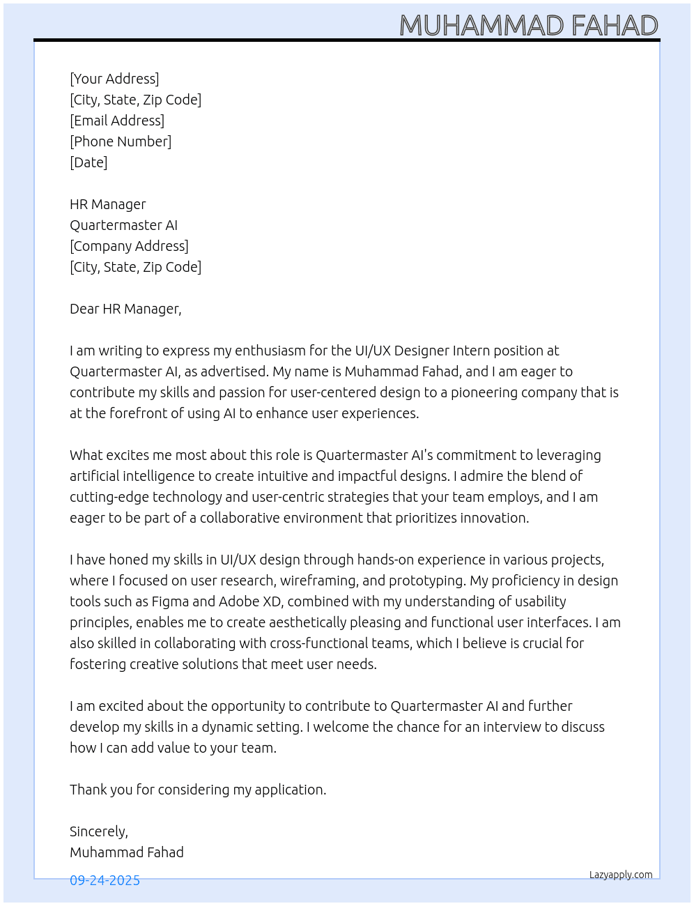 UI/UX designer intern At Quartermaster AI Cover Letter