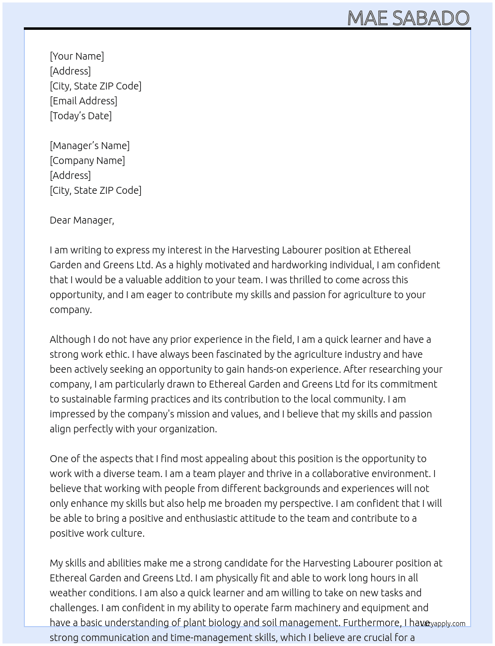 Harvesting Labourer At Ethereal Garden and Greens Ltd Cover Letter