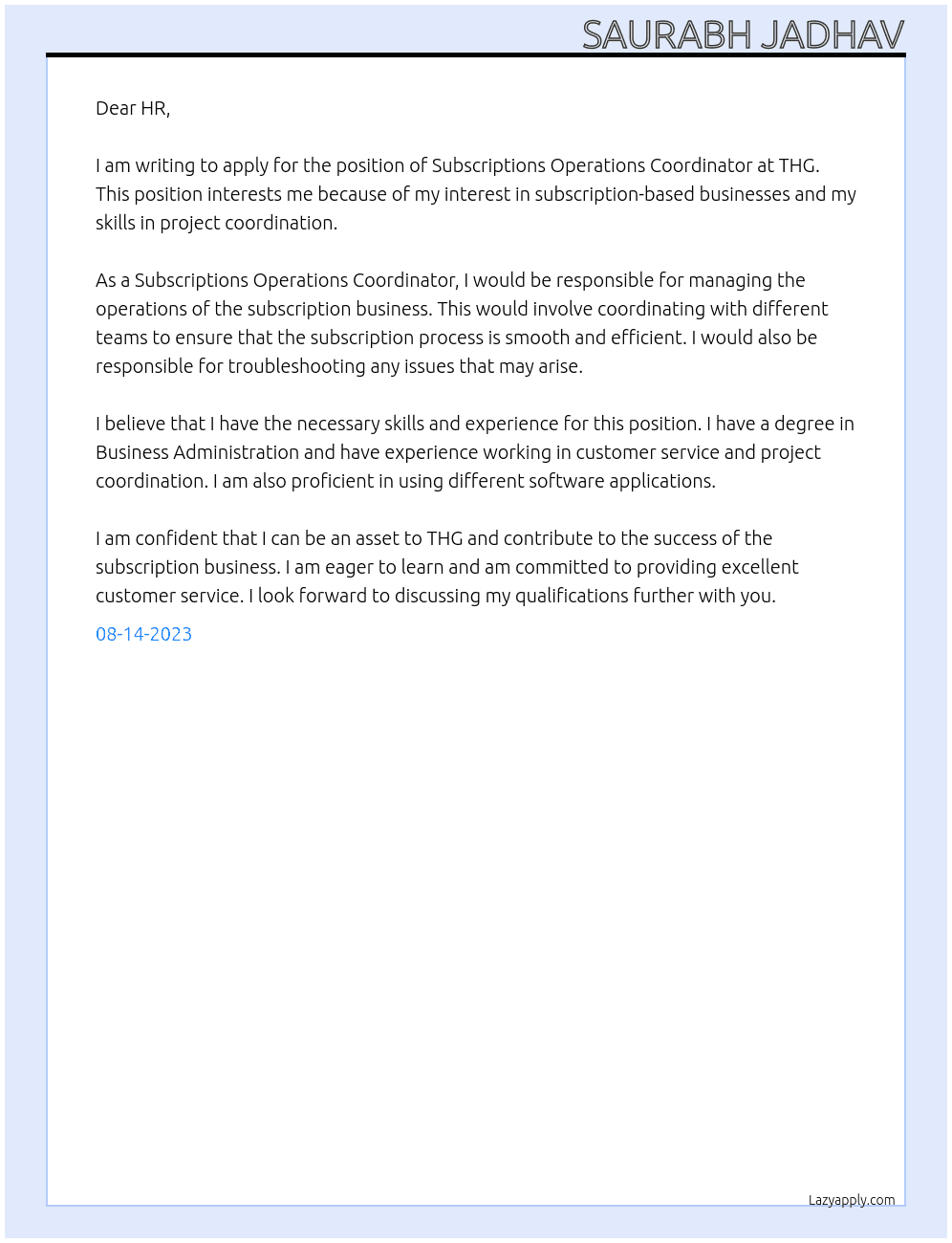 Subscriptions Operations Coordinator  At THG Cover Letter