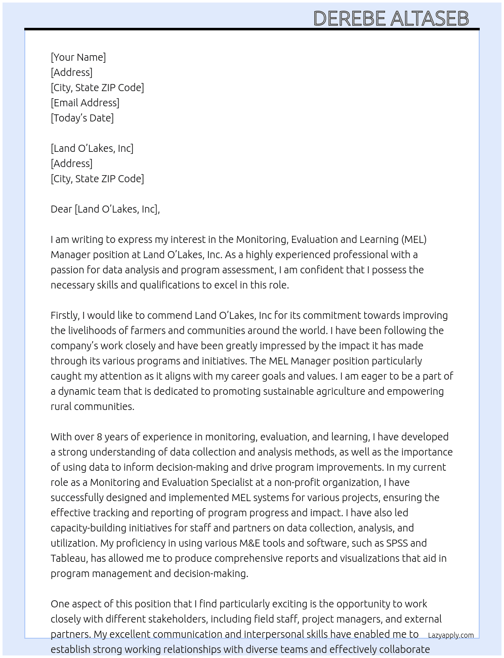 Monitoring, Evaluation and Learning (MEL) Manager At Land O’Lakes, Inc Cover Letter