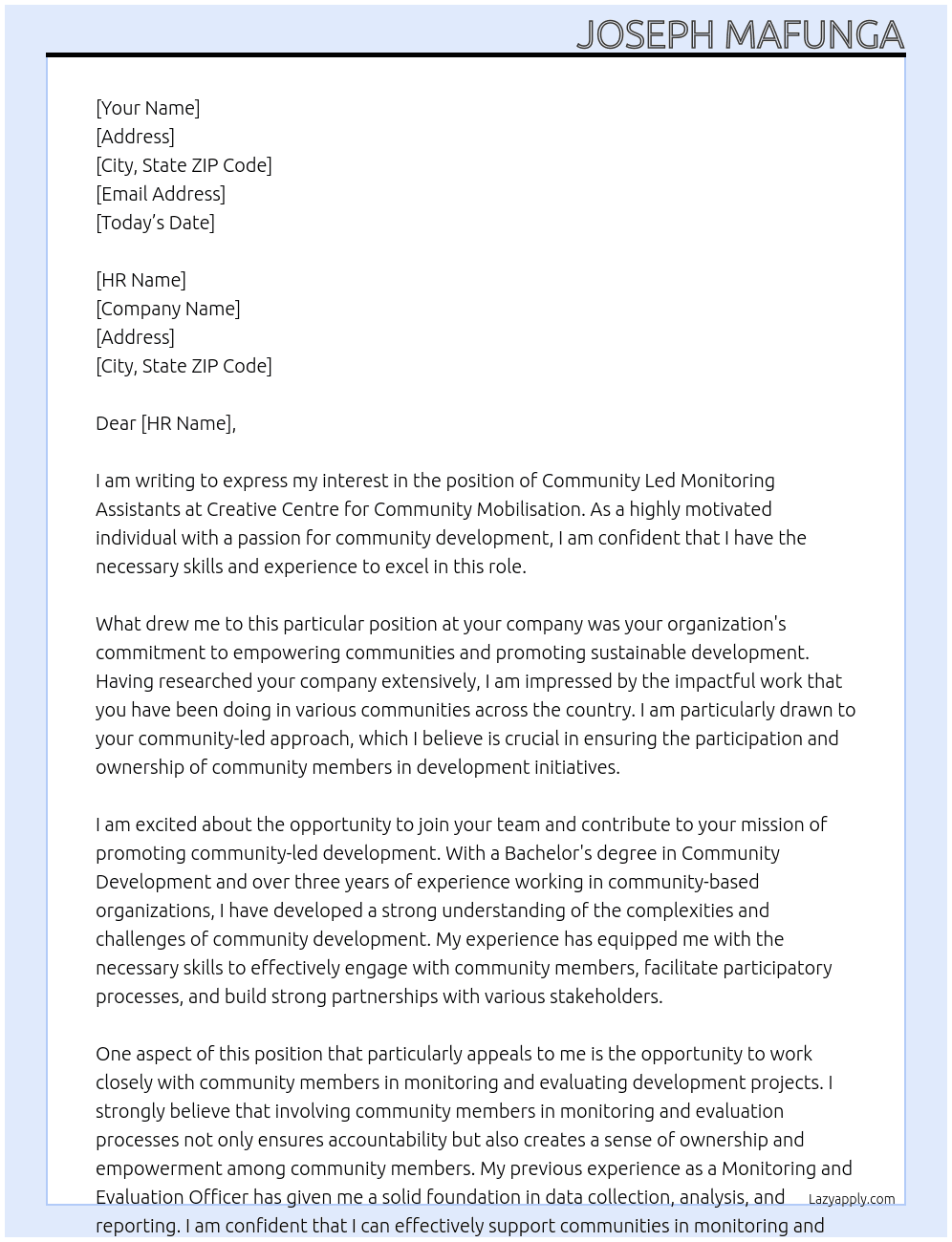 Community Led Monitoring Assistants At Creative Centre for Community Mobilisation Cover Letter